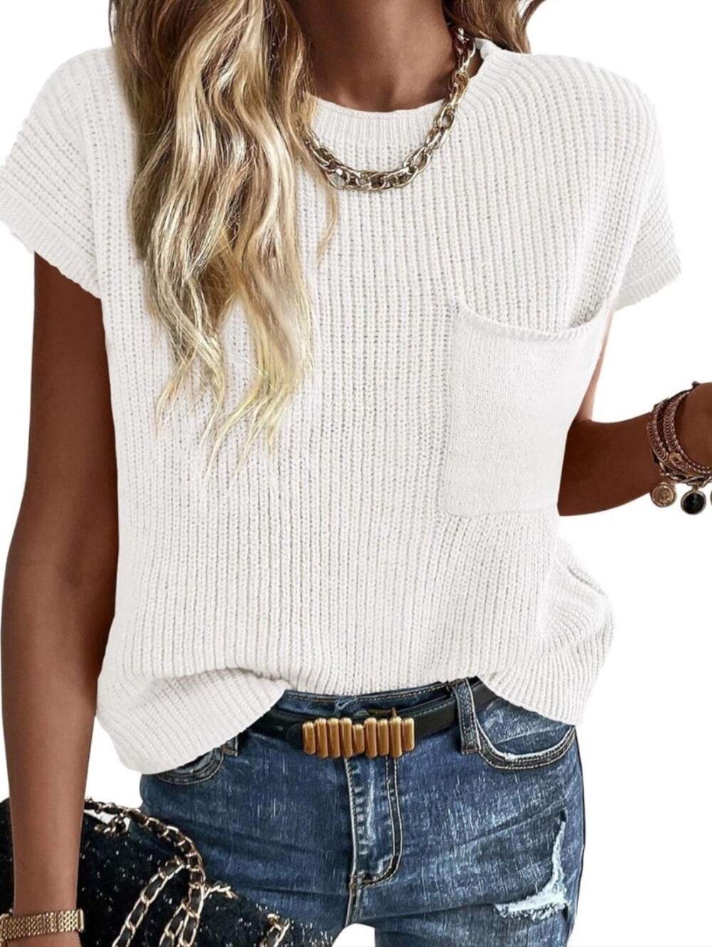 KIRUNDO Cap Sleeve Knit Sweater with Front Pocket White Size Medium NWT